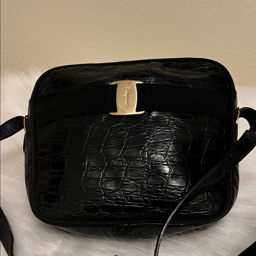 Salvatore Ferragamo Black Croc-Embossed Leather Crossbody with Gold Vara Buckle